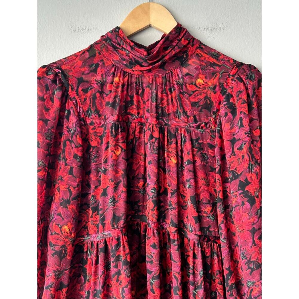 Cinq à Sept Drew High Neck Tiered Floral Mini Dress Red Black Size 12 - Picture 2 of 9